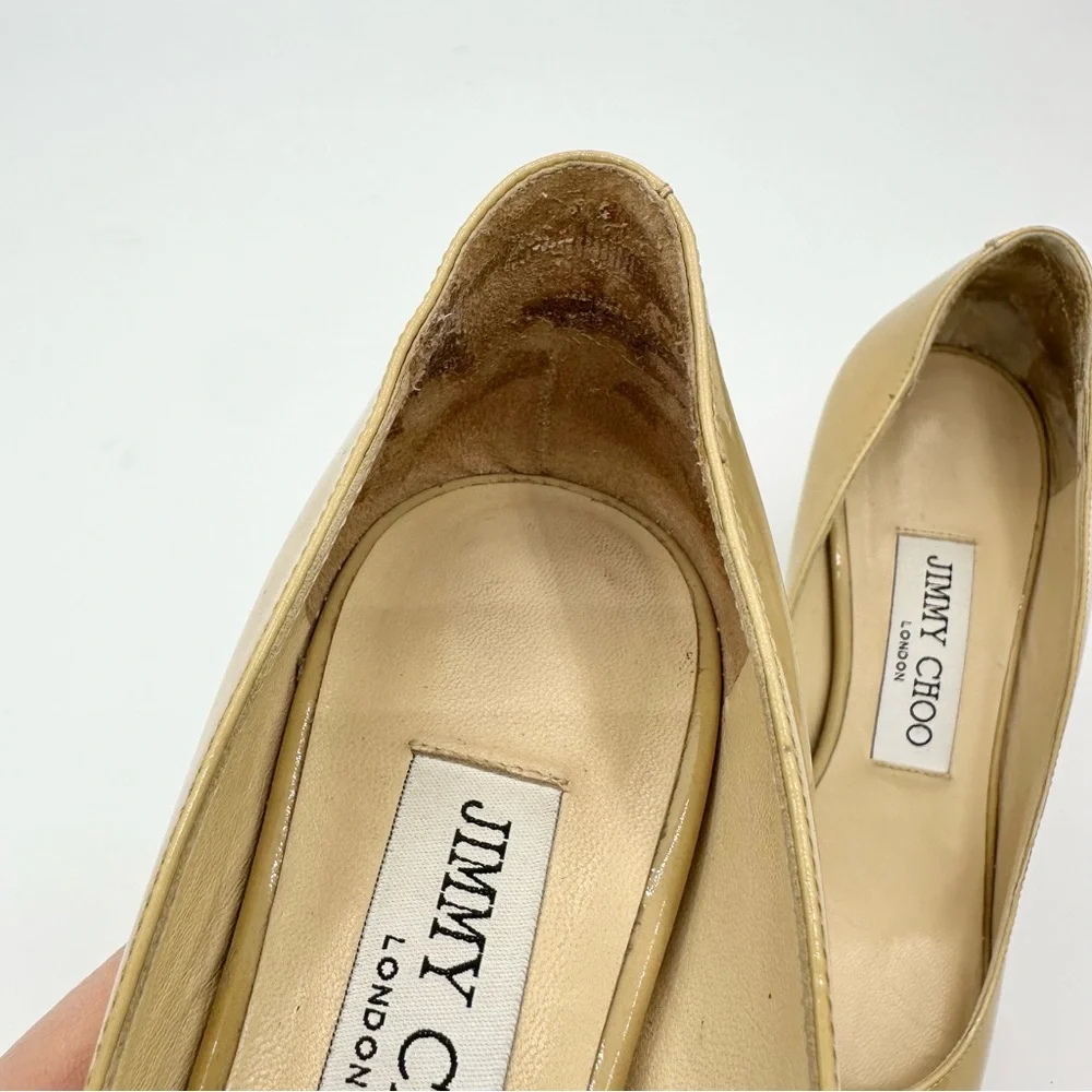 Jimmy Choo peep toe pumps tan patent leather medium heel - Picture 15 of 15